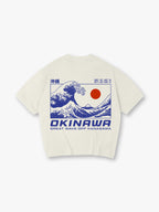 Blue Okinawa Great Wave Off Kanagawa Red Sun Coordinates Japanese Kanji Back Print T-Shirt