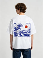 Blue Okinawa Great Wave Off Kanagawa Red Sun Coordinates Japanese Kanji Back Print T-Shirt