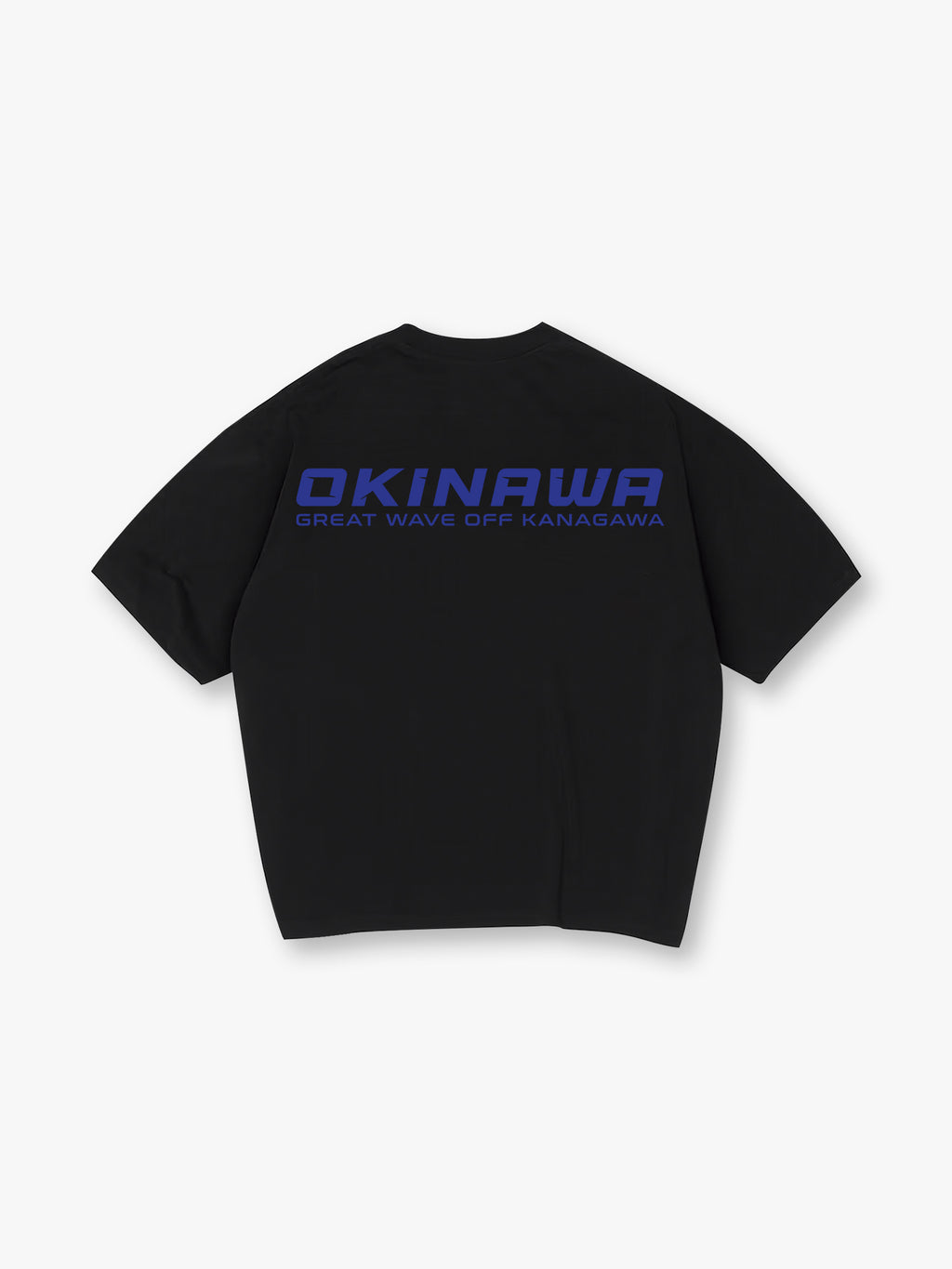 Minimal Bold Blue OKINAWA Great Wave Off Kanagawa Text Back Print T-Shirt
