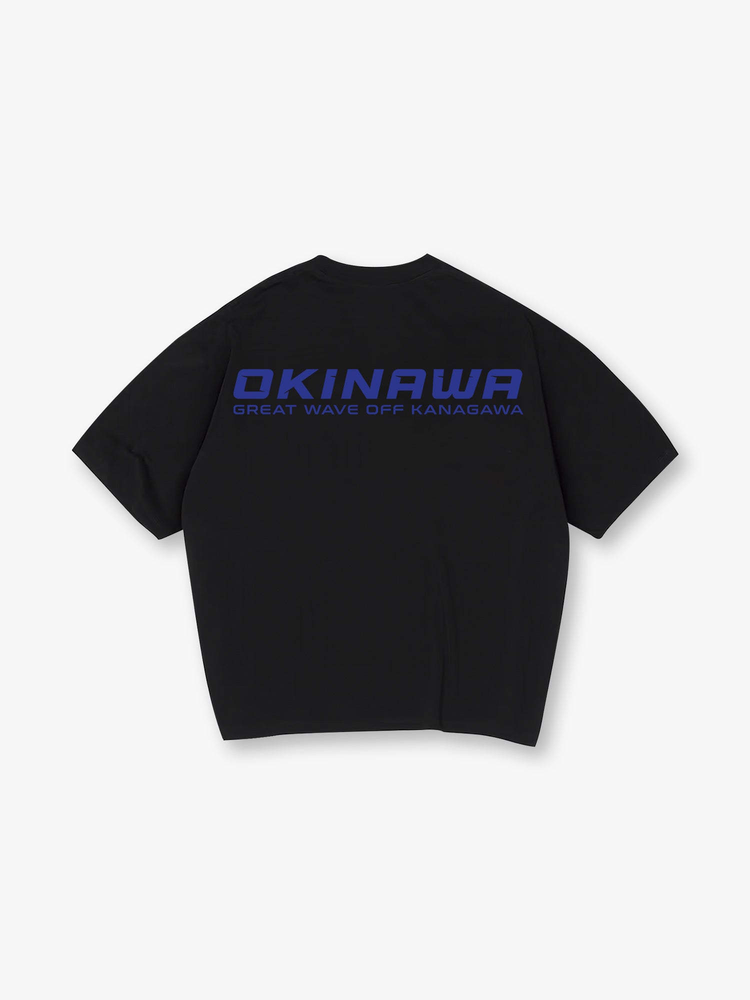 Minimal Bold Blue OKINAWA Great Wave Off Kanagawa Text Back Print T-Shirt