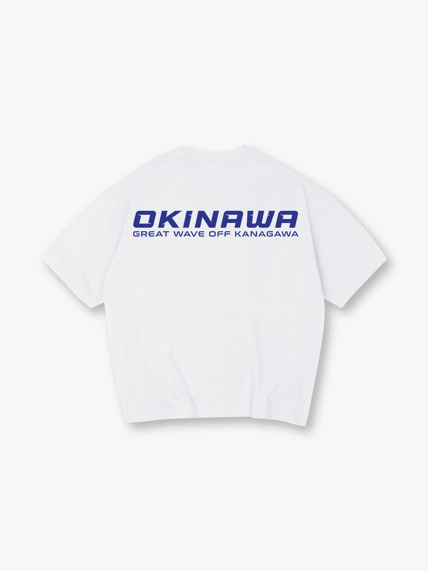 Minimal Bold Blue OKINAWA Great Wave Off Kanagawa Text Back Print T-Shirt