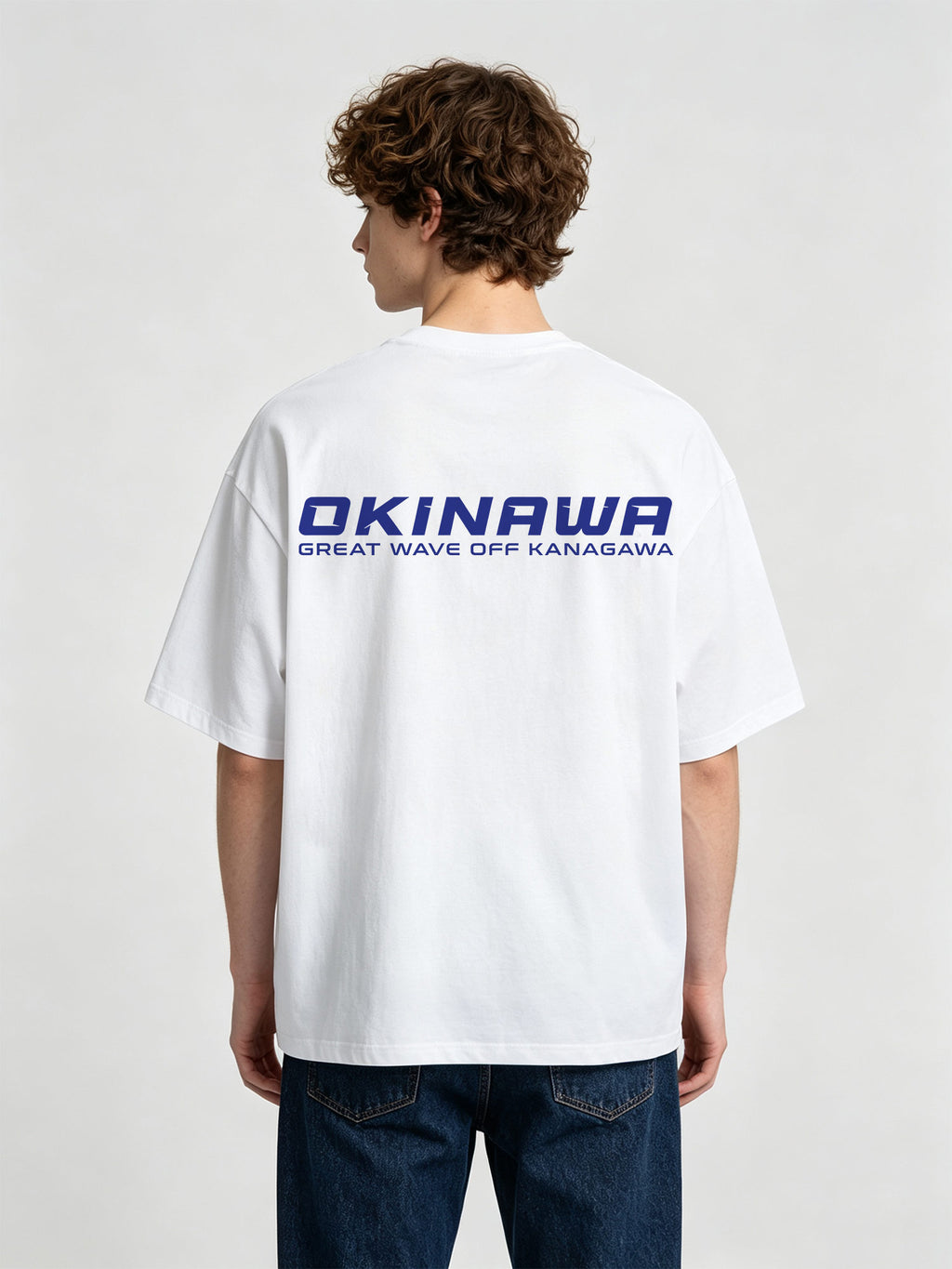 Minimal Bold Blue OKINAWA Great Wave Off Kanagawa Text Back Print T-Shirt