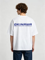 Minimal Bold Blue OKINAWA Great Wave Off Kanagawa Text Back Print T-Shirt