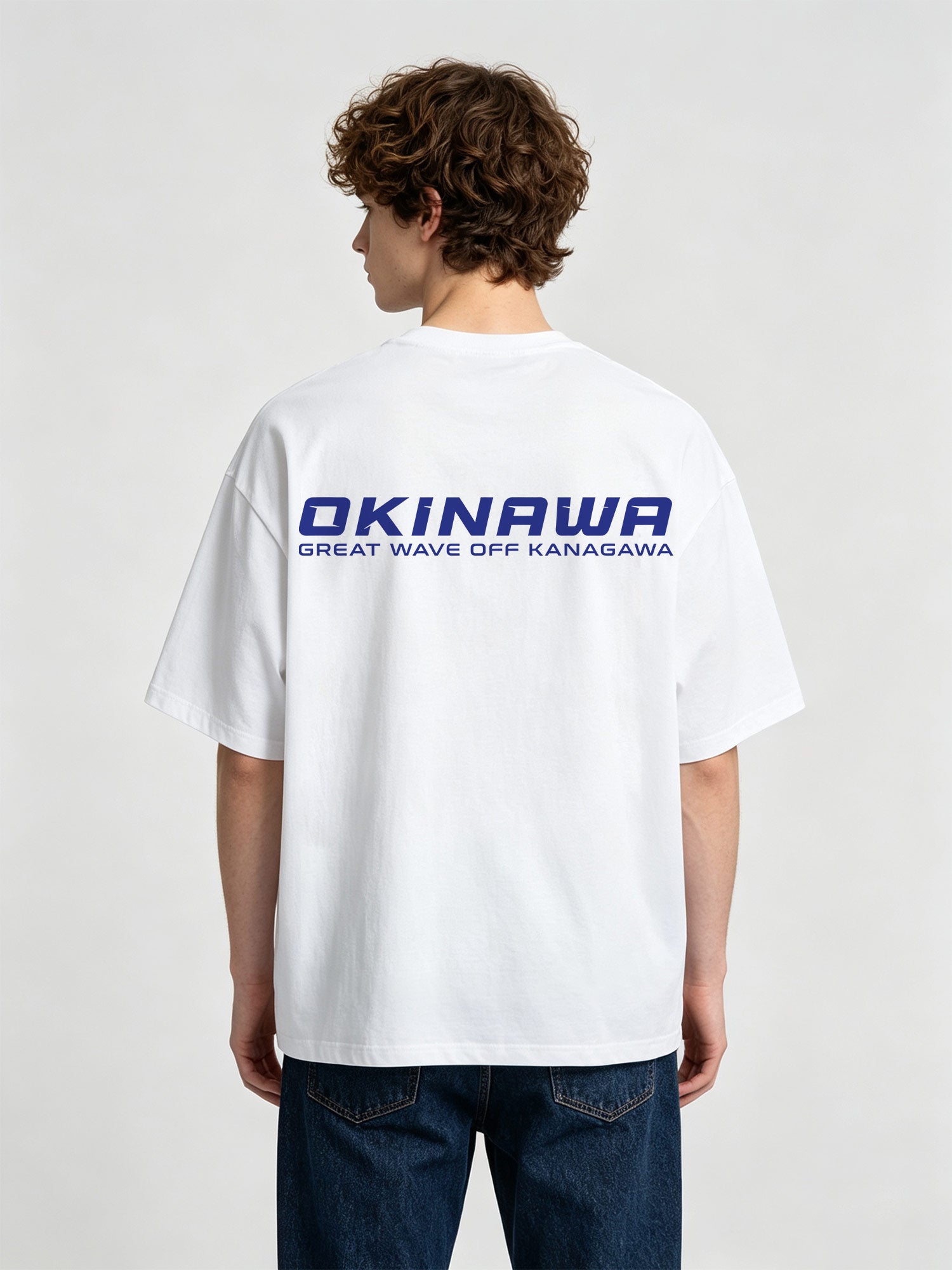 Minimal Bold Blue OKINAWA Great Wave Off Kanagawa Text Back Print T-Shirt