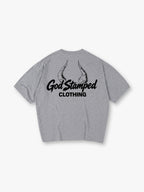 Sketch Demon Horns God Stamped Clothing Brush Script Logo Back Print T-Shirt