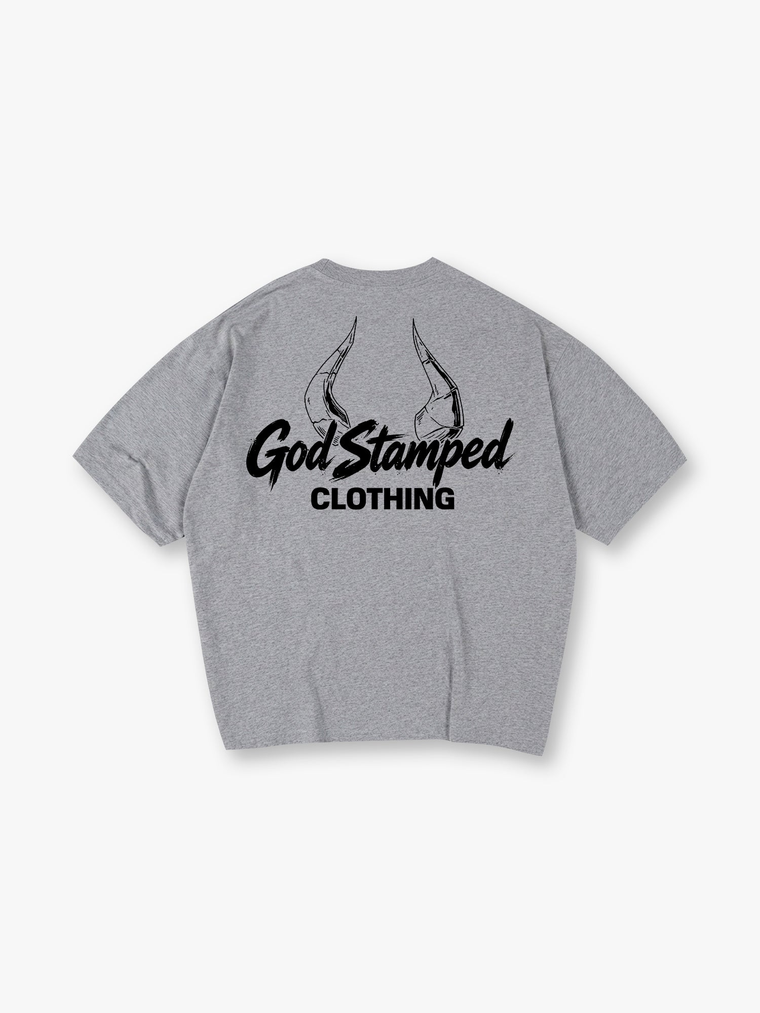 Sketch Demon Horns God Stamped Clothing Brush Script Logo Back Print T-Shirt
