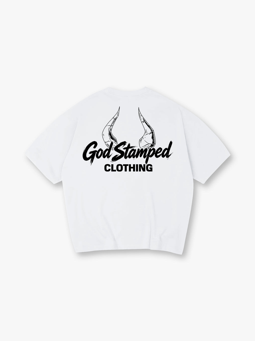 Sketch Demon Horns God Stamped Clothing Brush Script Logo Back Print T-Shirt