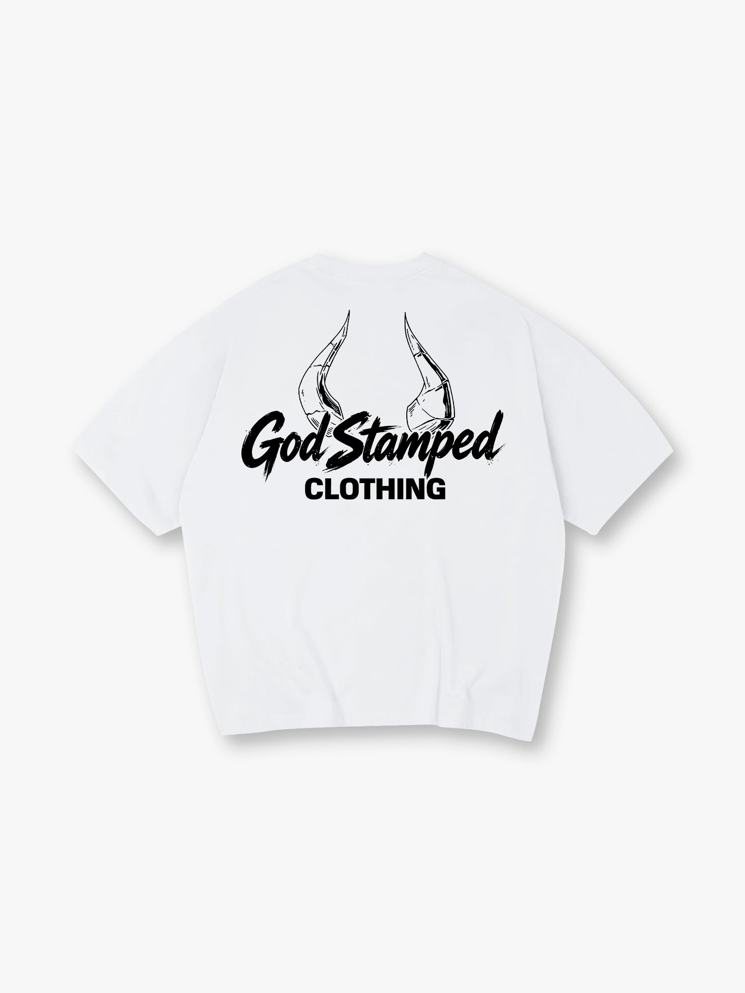 Sketch Demon Horns God Stamped Clothing Brush Script Logo Back Print T-Shirt