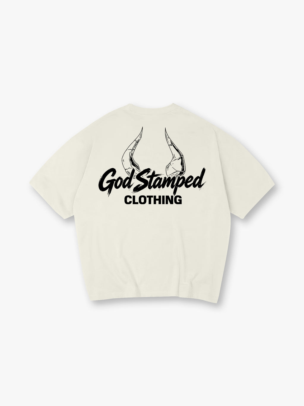Sketch Demon Horns God Stamped Clothing Brush Script Logo Back Print T-Shirt