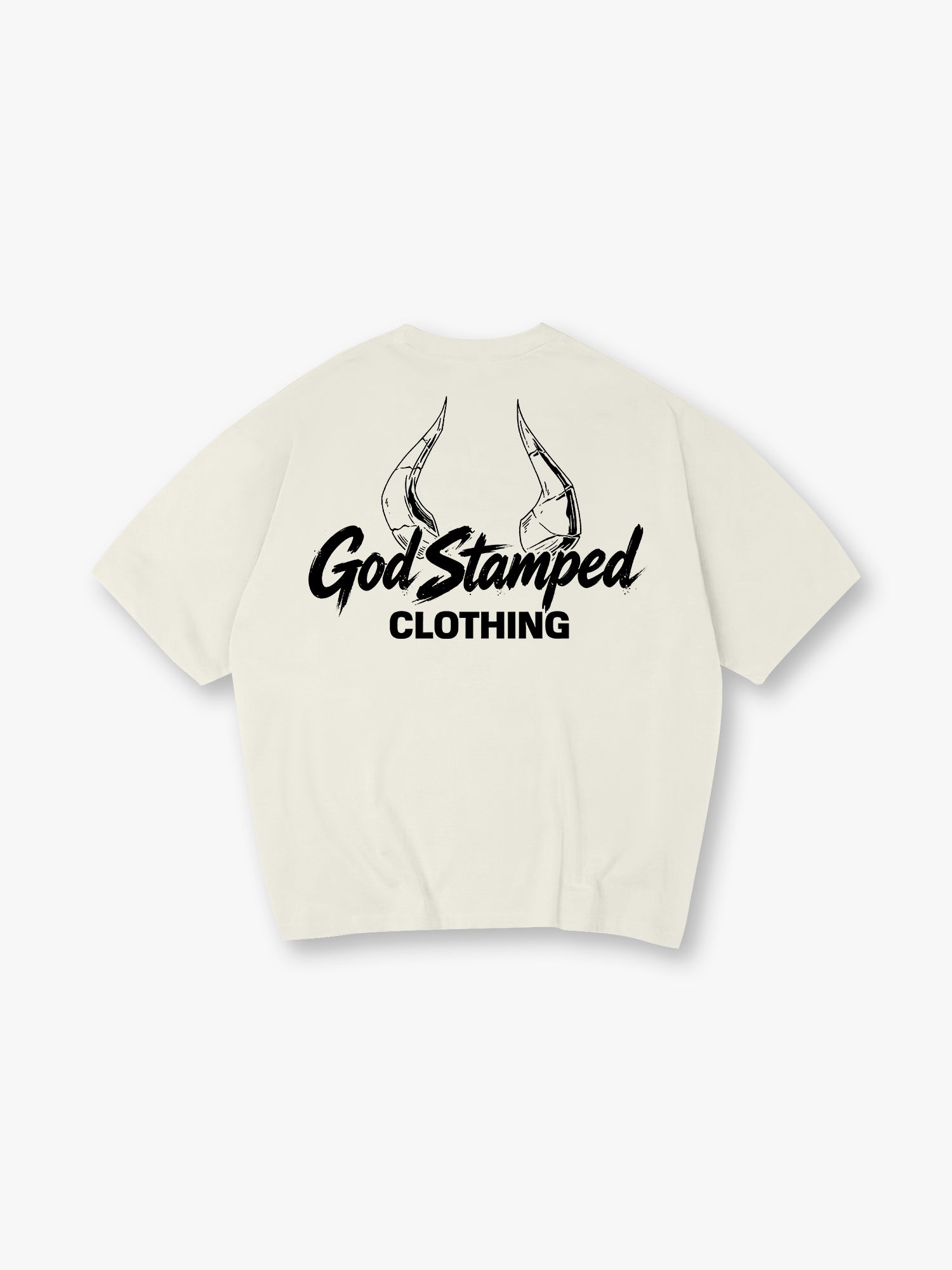 Sketch Demon Horns God Stamped Clothing Brush Script Logo Back Print T-Shirt