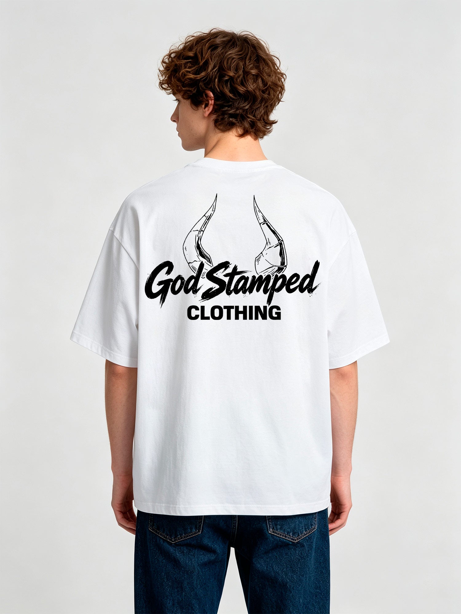 Sketch Demon Horns God Stamped Clothing Brush Script Logo Back Print T-Shirt