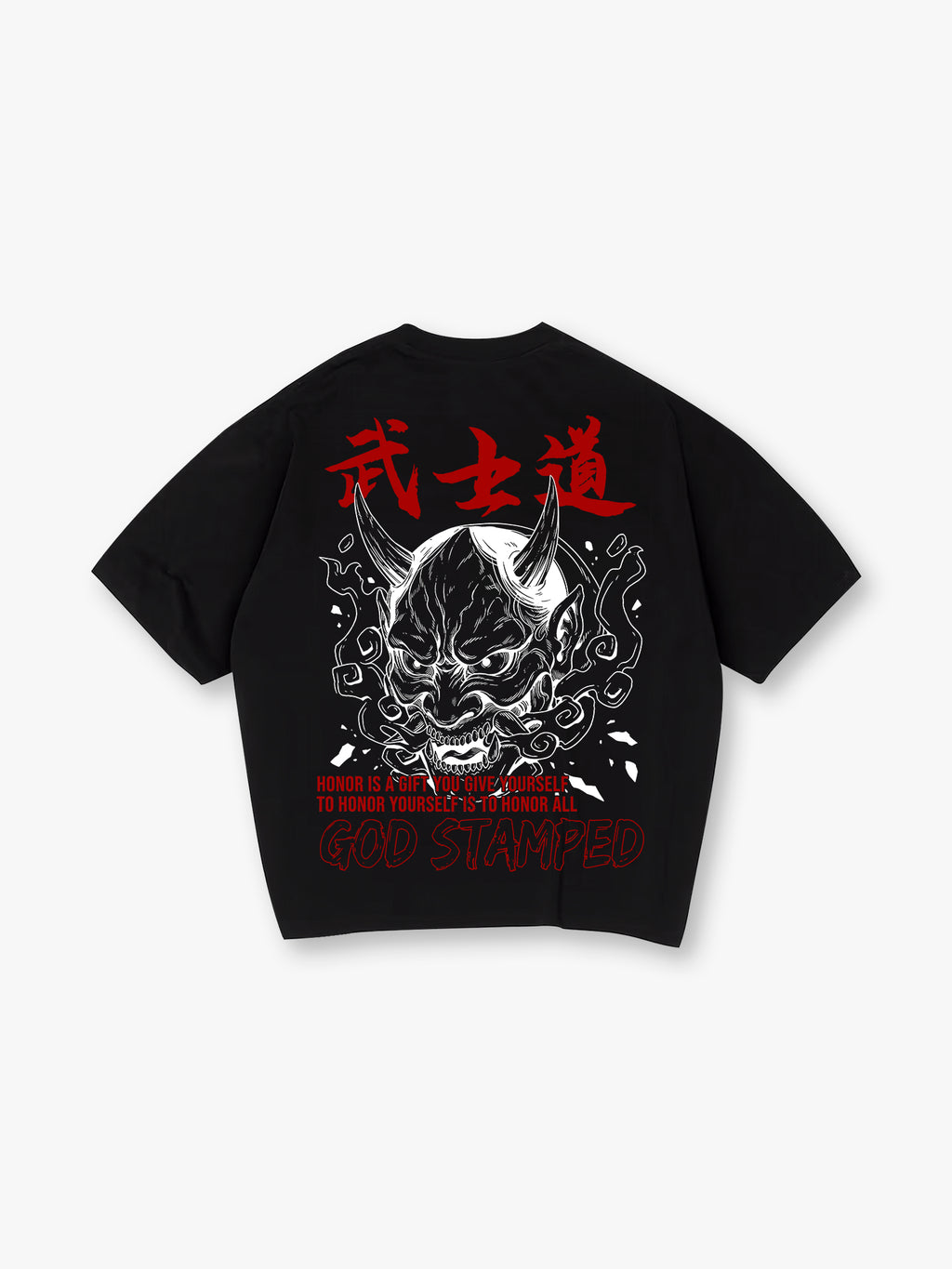 Vintage Japanese Hannya Oni Mask Bushido Kanji Honor Quote Back Print T-Shirt