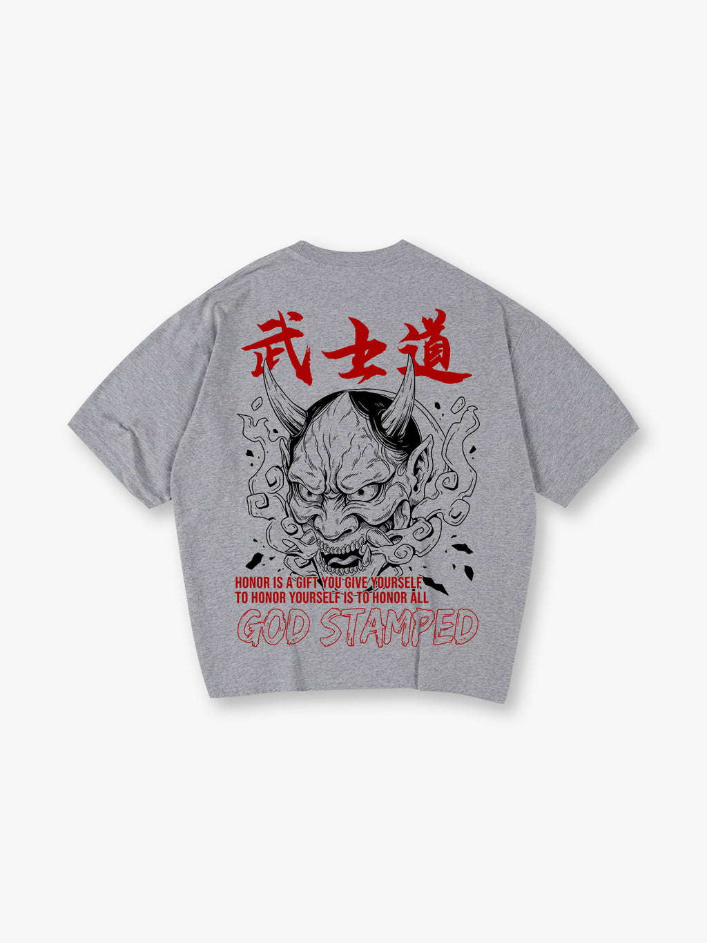 Vintage Japanese Hannya Oni Mask Bushido Kanji Honor Quote Back Print T-Shirt