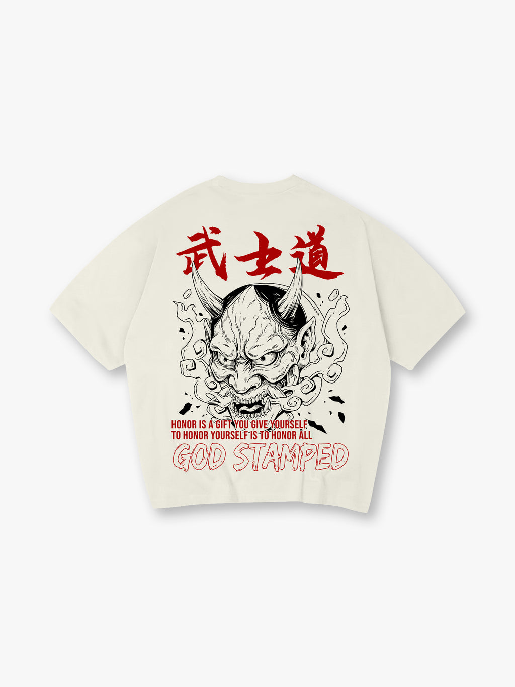 Vintage Japanese Hannya Oni Mask Bushido Kanji Honor Quote Back Print T-Shirt