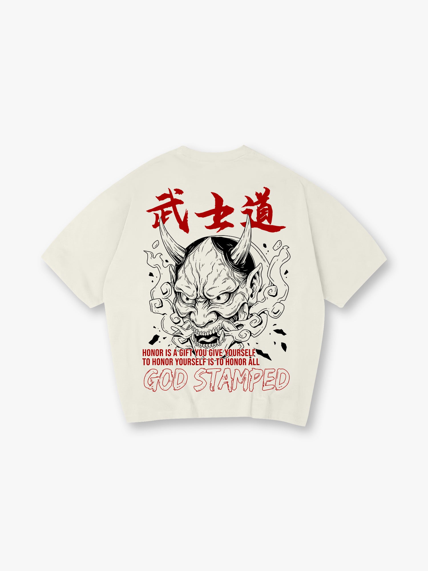 Vintage Japanese Hannya Oni Mask Bushido Kanji Honor Quote Back Print T-Shirt