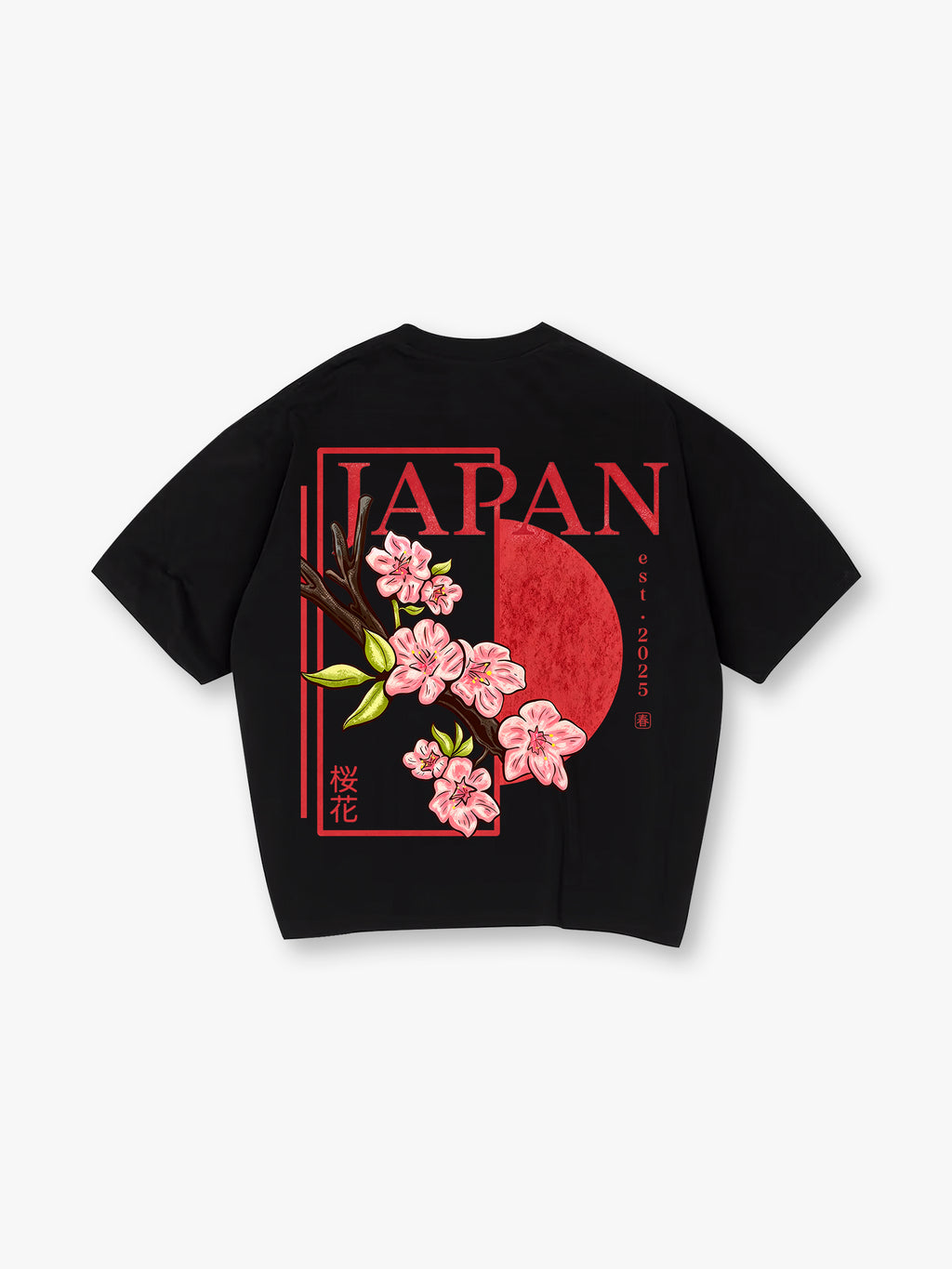 Vintage Japan Pink Cherry Blossom Sakura Kanji Red Sun Frame Back Print  T-Shirt