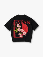 Vintage Japan Pink Cherry Blossom Sakura Kanji Red Sun Frame Back Print  T-Shirt