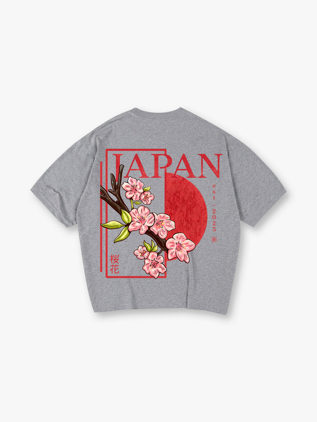 Vintage Japan Pink Cherry Blossom Sakura Kanji Red Sun Frame Back Print  T-Shirt