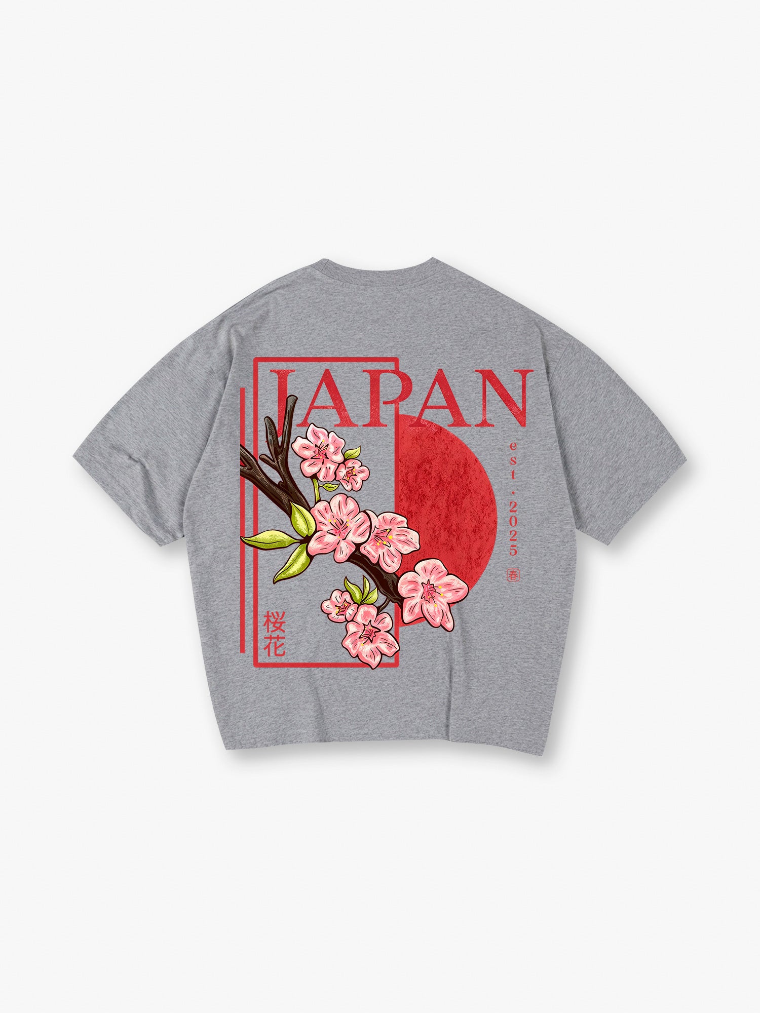 Vintage Japan Pink Cherry Blossom Sakura Kanji Red Sun Frame Back Print  T-Shirt