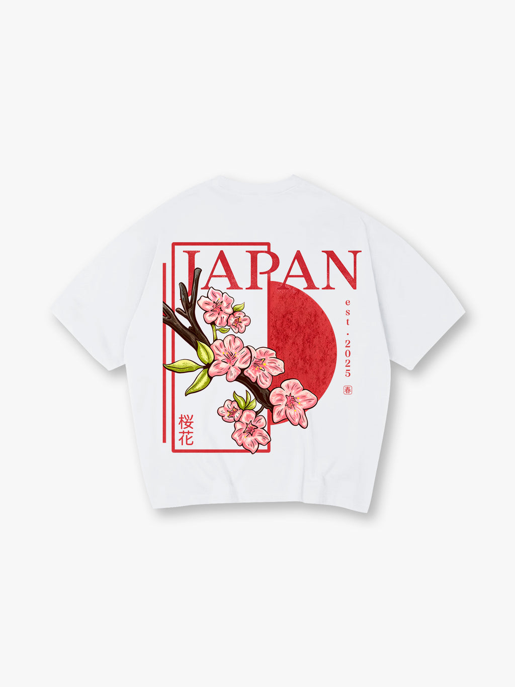 Vintage Japan Pink Cherry Blossom Sakura Kanji Red Sun Frame Back Print  T-Shirt