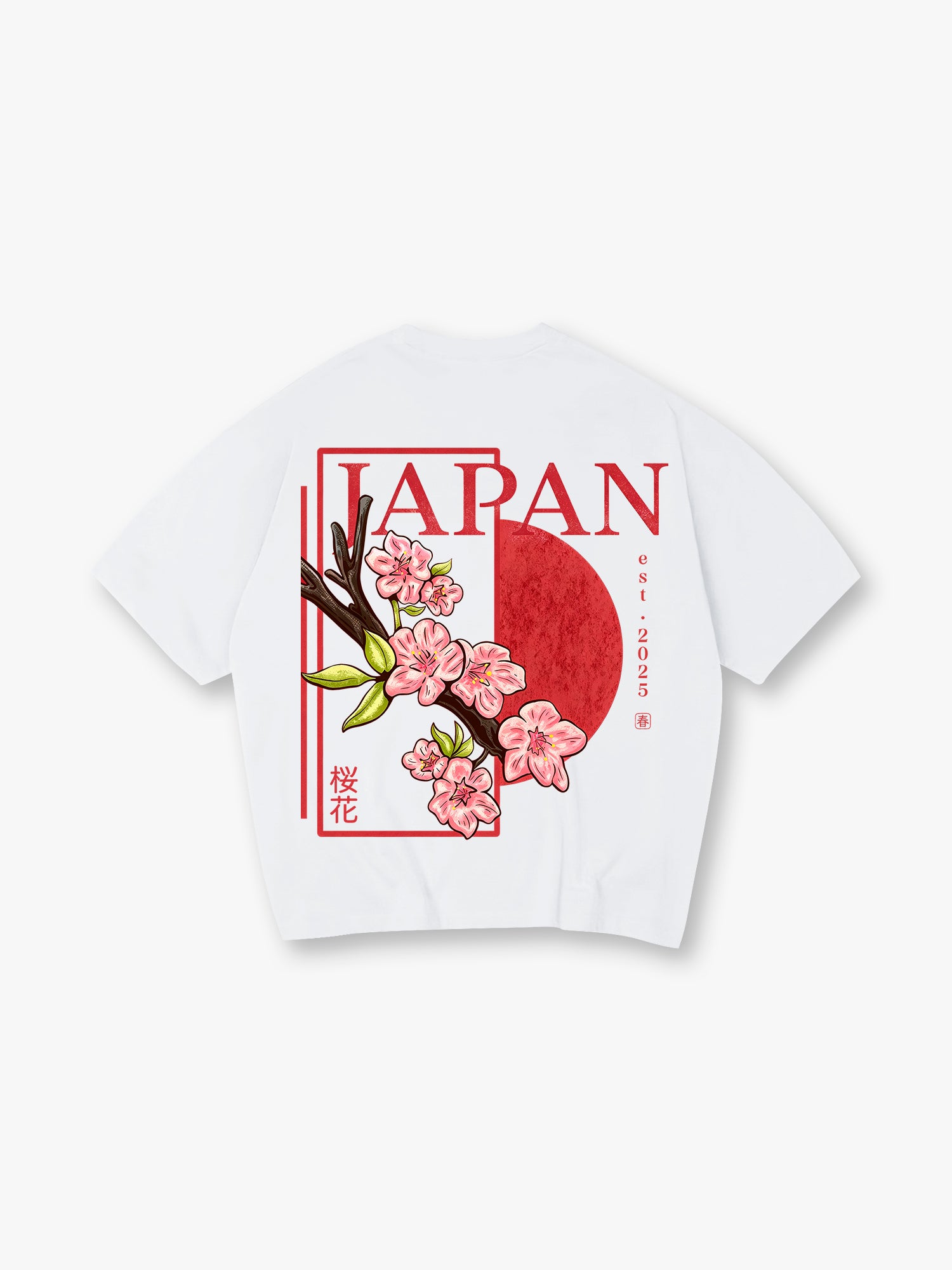 Vintage Japan Pink Cherry Blossom Sakura Kanji Red Sun Frame Back Print  T-Shirt