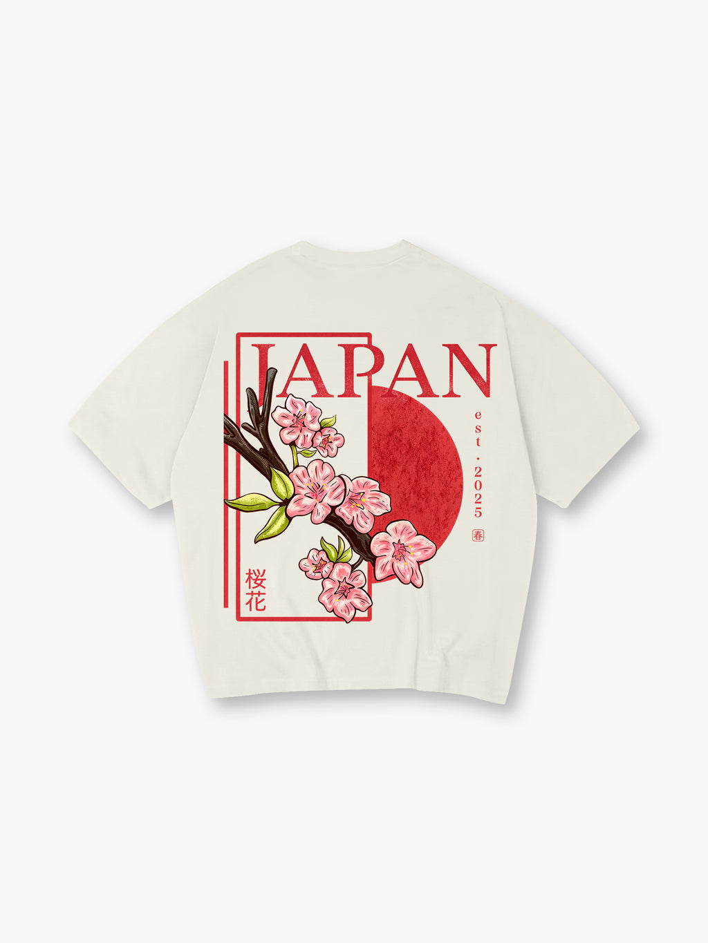 Vintage Japan Pink Cherry Blossom Sakura Kanji Red Sun Frame Back Print  T-Shirt