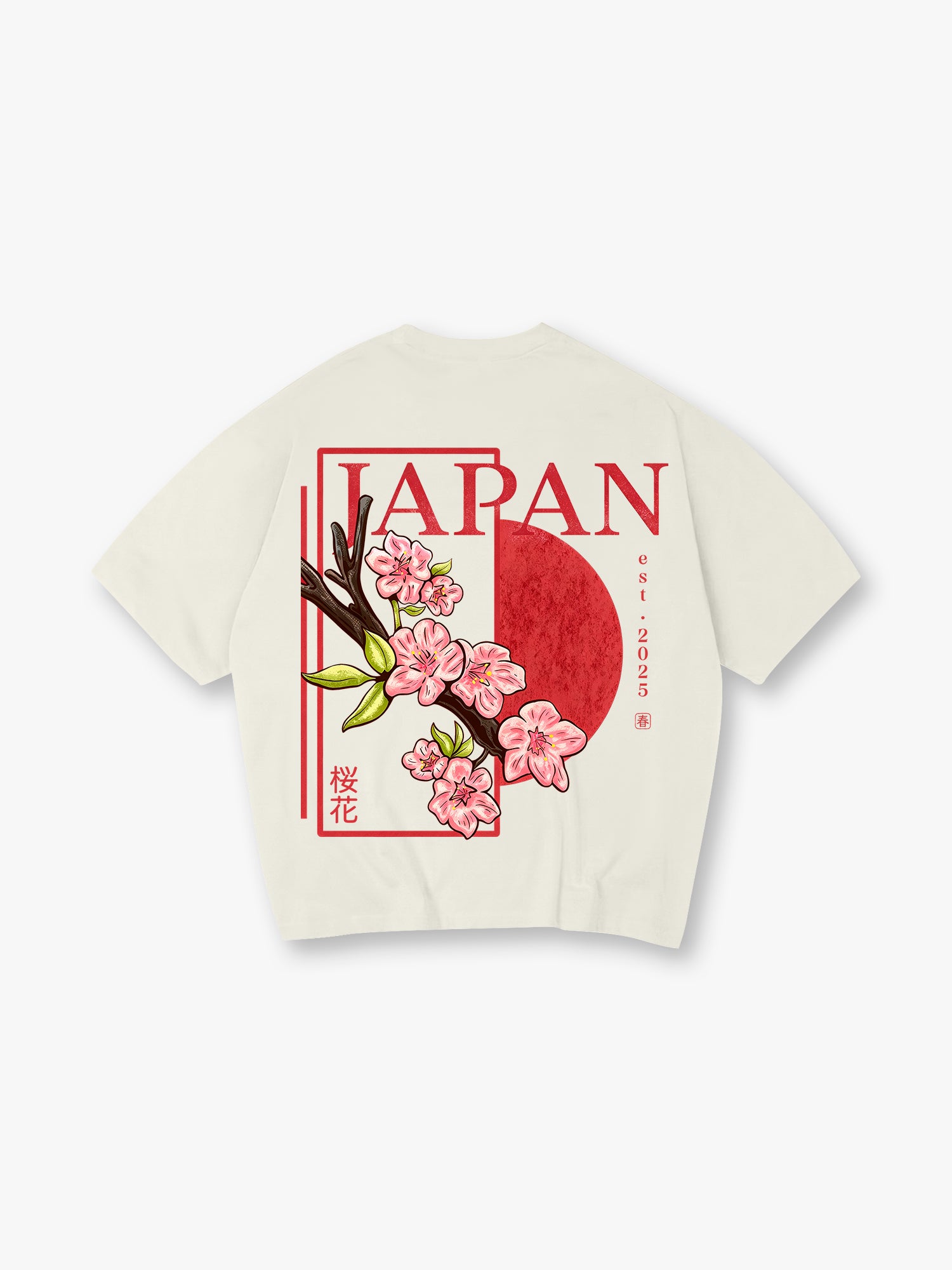 Vintage Japan Pink Cherry Blossom Sakura Kanji Red Sun Frame Back Print  T-Shirt