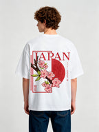 Vintage Japan Pink Cherry Blossom Sakura Kanji Red Sun Frame Back Print  T-Shirt