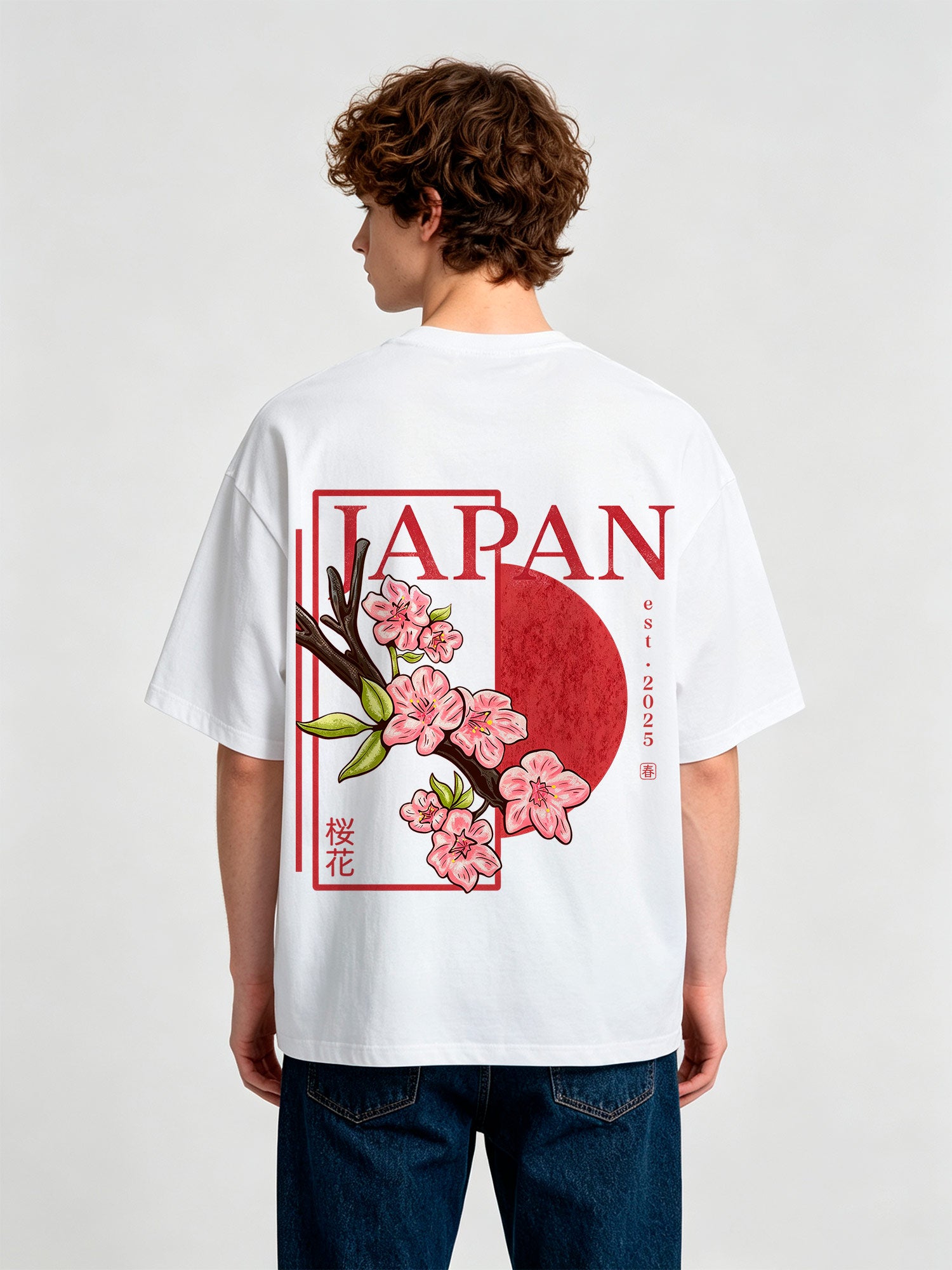 Vintage Japan Pink Cherry Blossom Sakura Kanji Red Sun Frame Back Print  T-Shirt