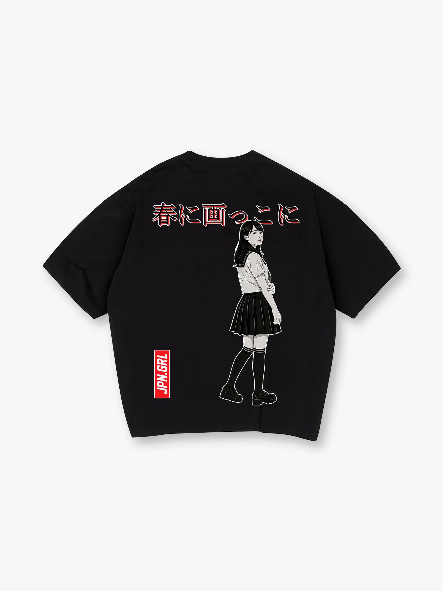 Anime Japanese School Girl Sailor Uniform JPN.GRL Red Text Japanese Kanji Back Print T-Shirt