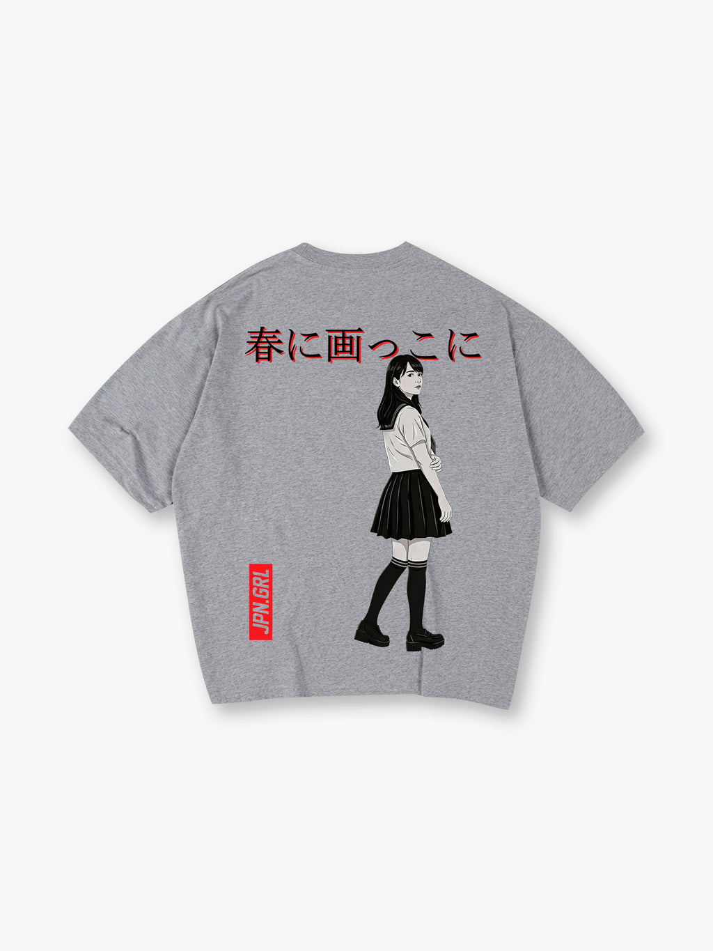 Anime Japanese School Girl Sailor Uniform JPN.GRL Red Text Japanese Kanji Back Print T-Shirt