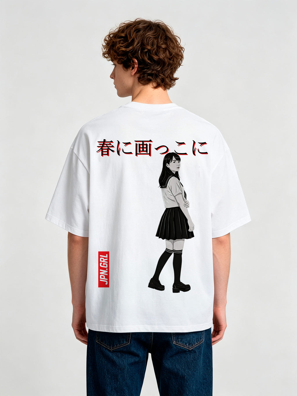 Anime Japanese School Girl Sailor Uniform JPN.GRL Red Text Japanese Kanji Back Print T-Shirt