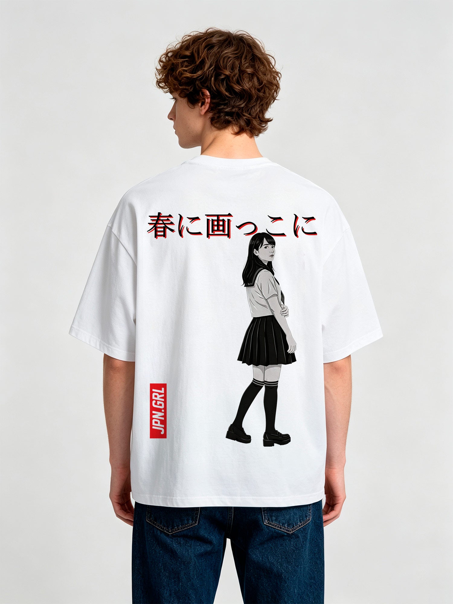 Anime Japanese School Girl Sailor Uniform JPN.GRL Red Text Japanese Kanji Back Print T-Shirt
