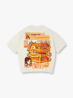Retro Game Mimic Treasure Chest Warrior Girl Japanese Text Back Print T-Shirt