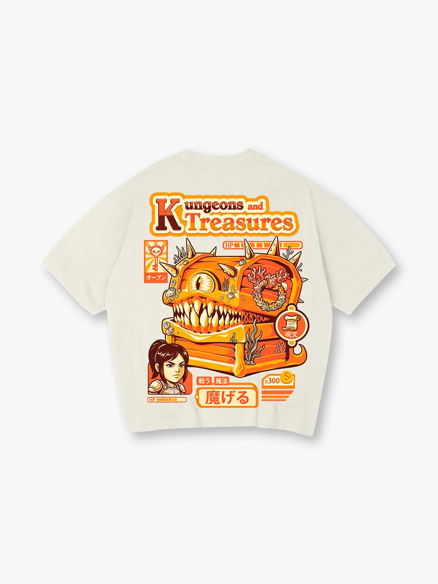 Retro Game Mimic Treasure Chest Warrior Girl Japanese Text Back Print T-Shirt