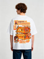 Retro Game Mimic Treasure Chest Warrior Girl Japanese Text Back Print T-Shirt