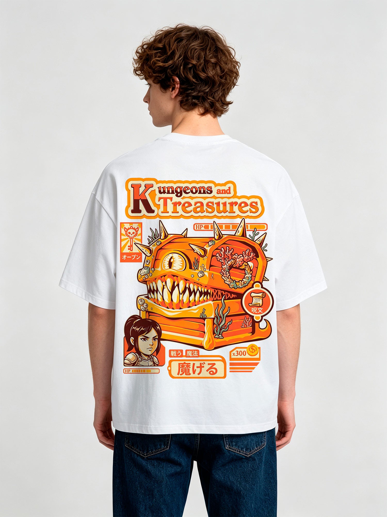 Retro Game Mimic Treasure Chest Warrior Girl Japanese Text Back Print T-Shirt