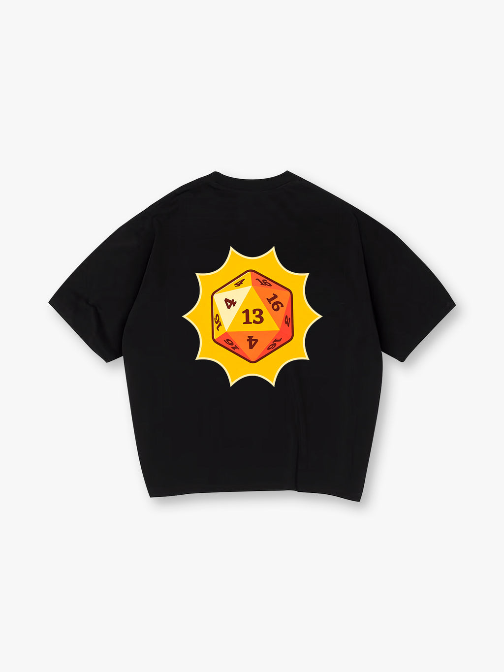 Lucky Number 13 D20 Dice Yellow Sunburst Graphic Back Print RPG Gamer Casual T-Shirt