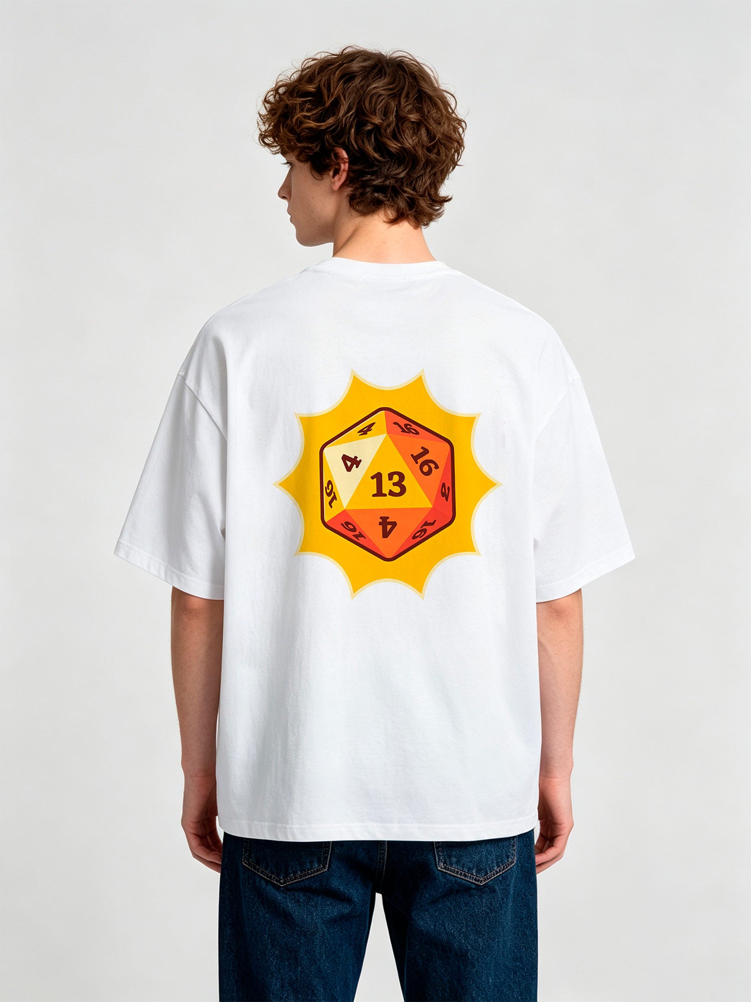Lucky Number 13 D20 Dice Yellow Sunburst Graphic Back Print RPG Gamer Casual T-Shirt
