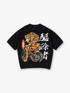 Vintage Japanese Tiger Riding Motorcycle Samurai Sword Kanji Est 1921 Back Print T-Shirt