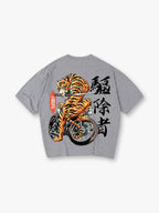 Vintage Japanese Tiger Riding Motorcycle Samurai Sword Kanji Est 1921 Back Print T-Shirt