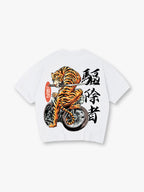 Vintage Japanese Tiger Riding Motorcycle Samurai Sword Kanji Est 1921 Back Print T-Shirt