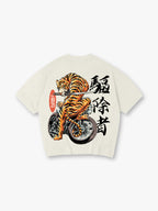 Vintage Japanese Tiger Riding Motorcycle Samurai Sword Kanji Est 1921 Back Print T-Shirt