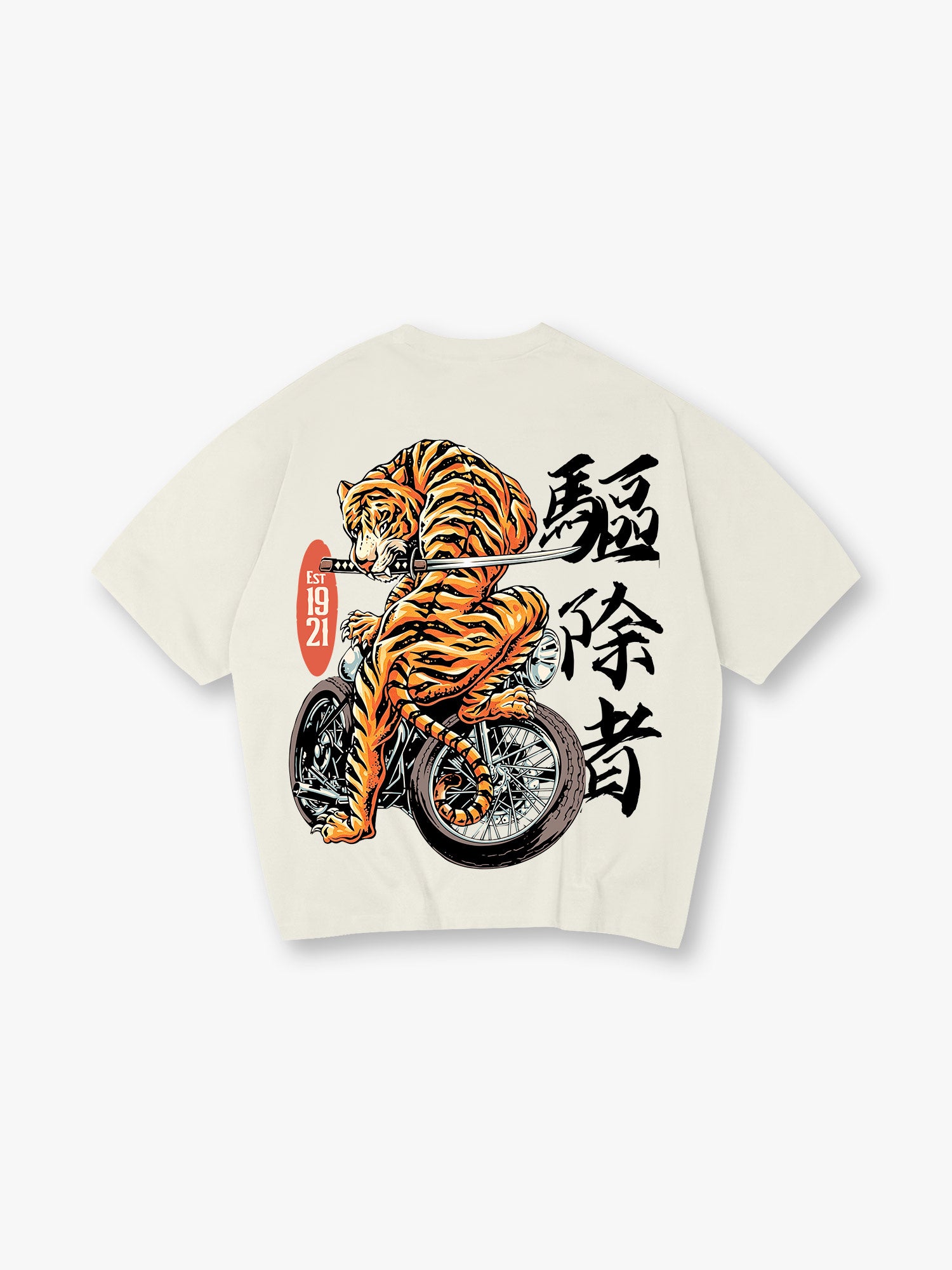 Vintage Japanese Tiger Riding Motorcycle Samurai Sword Kanji Est 1921 Back Print T-Shirt