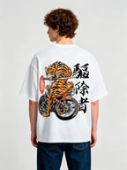 Vintage Japanese Tiger Riding Motorcycle Samurai Sword Kanji Est 1921 Back Print T-Shirt
