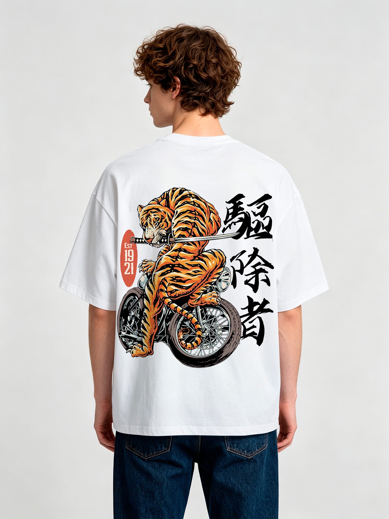 Vintage Japanese Tiger Riding Motorcycle Samurai Sword Kanji Est 1921 Back Print T-Shirt