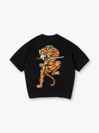 Vintage Japanese Warrior Tiger Holding Samurai Katana Sword Back Print T-Shirt