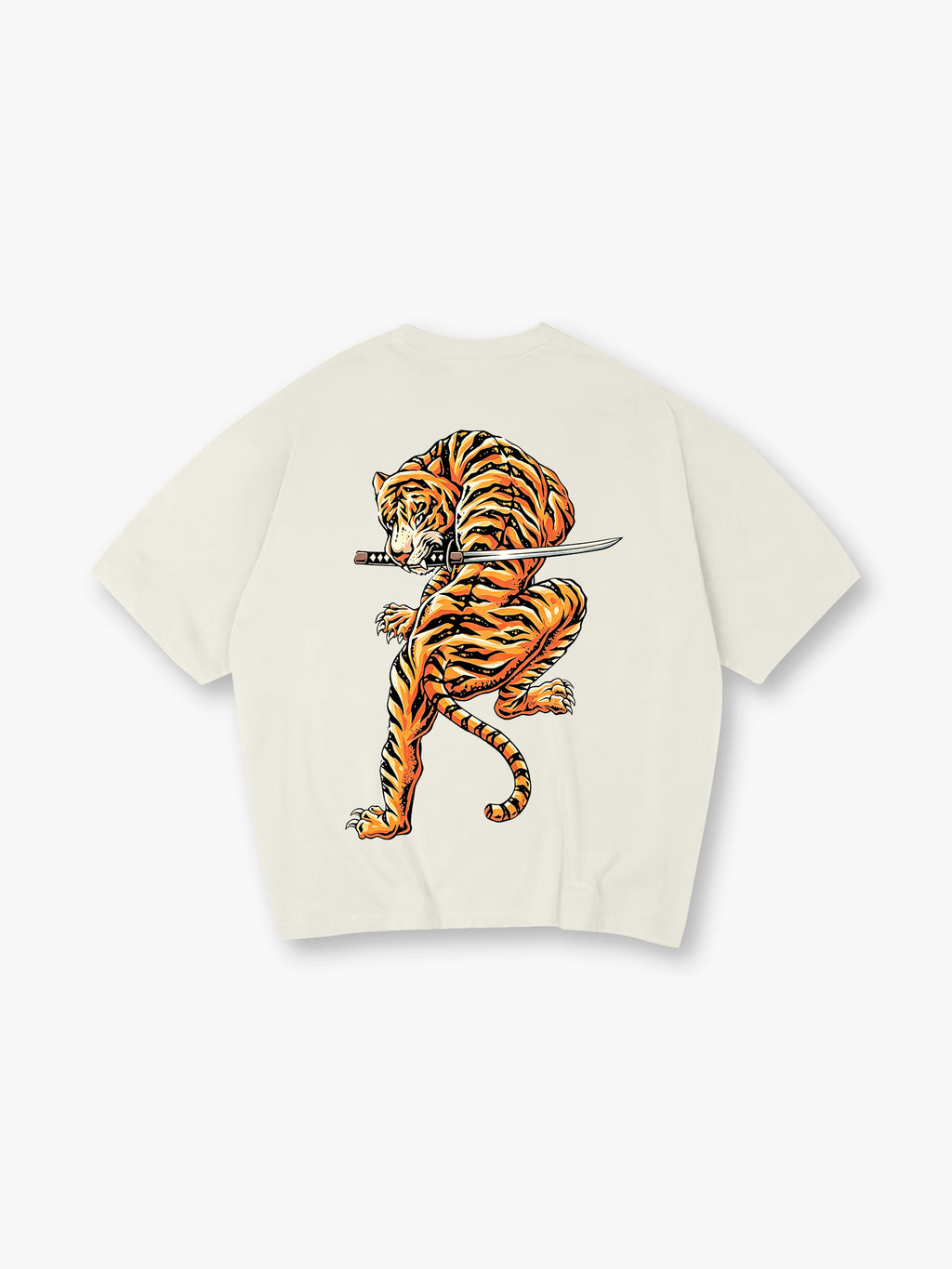 Vintage Japanese Warrior Tiger Holding Samurai Katana Sword Back Print T-Shirt