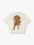 Vintage Japanese Warrior Tiger Holding Samurai Katana Sword Back Print T-Shirt