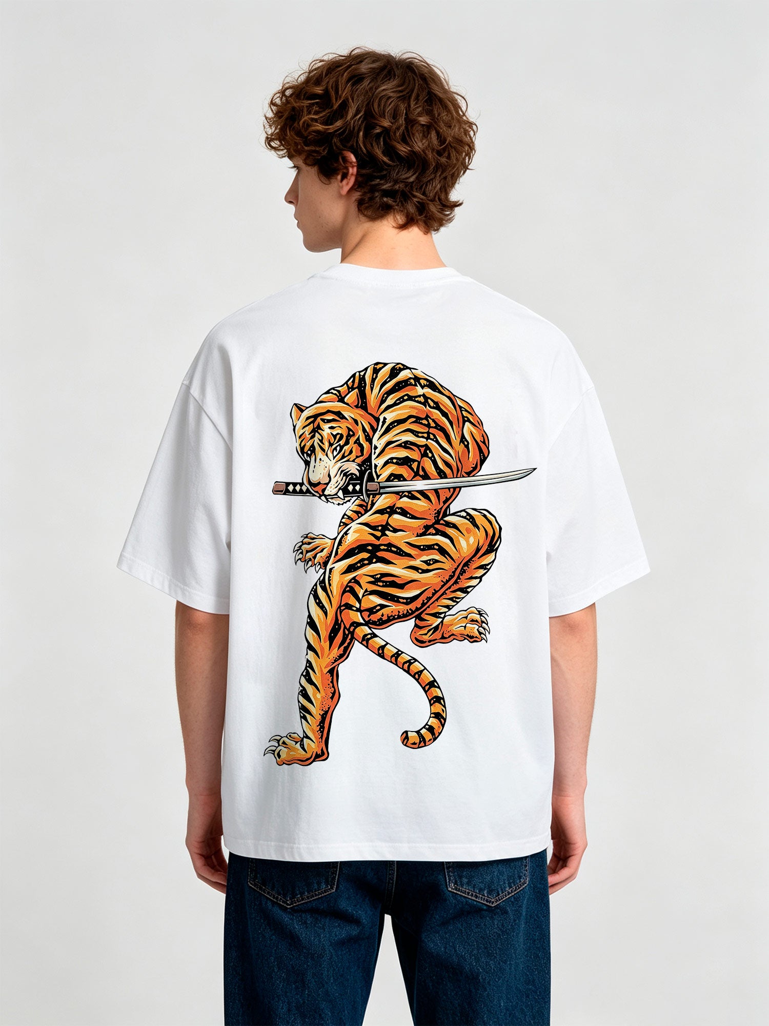 Vintage Japanese Warrior Tiger Holding Samurai Katana Sword Back Print T-Shirt